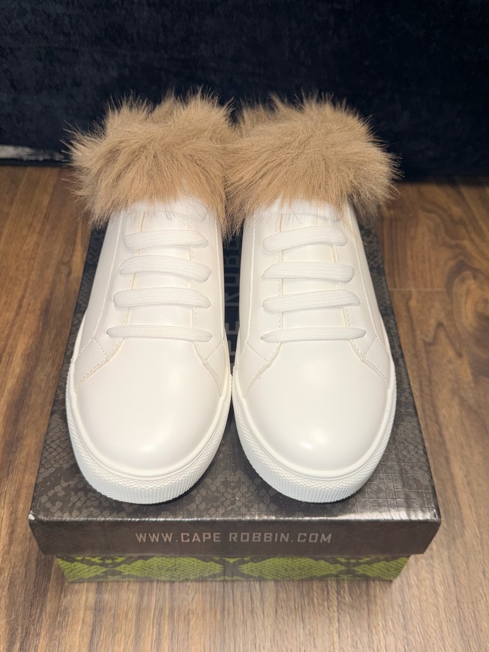 Cape Robbin White Sneaker Mules with Beige Faux Fur Trim